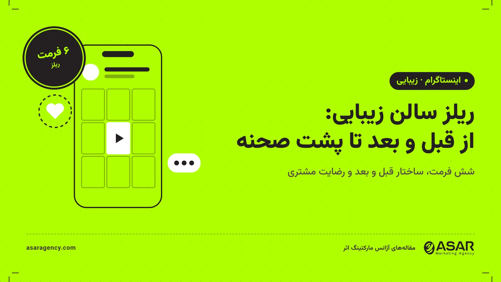 جلد مقاله ریلز سالن زیبایی: قاب گوشی با ریلز عمودی روی زمینه لایم و عنوان «از قبل و بعد تا پشت صحنه»