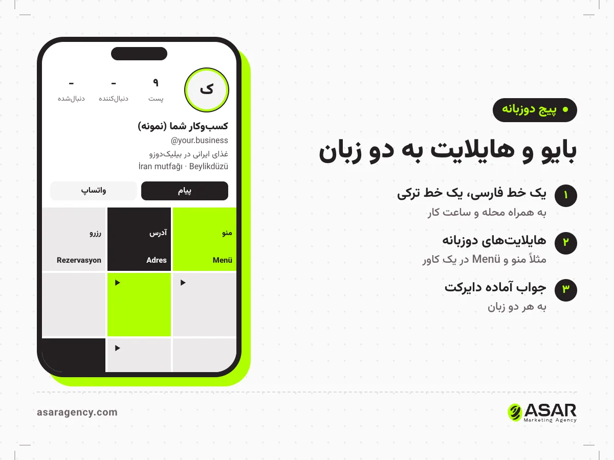 نمونه پروفایل اینستاگرام دوزبانه در قاب گوشی: بایو با یک خط فارسی و یک خط ترکی، آدرس محله، دکمه پیام و هایلایتهای منو و آدرس به دو زبان
