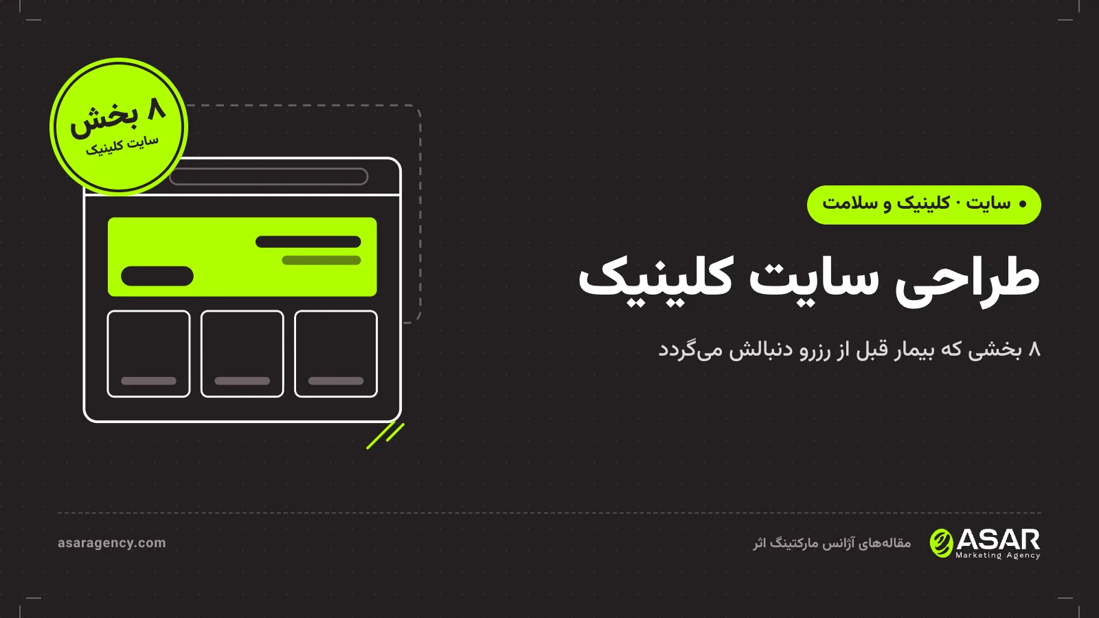 جلد مقاله طراحی سایت کلینیک: پنجره مرورگر با بلوک‌های صفحه و نشان «۸ بخش»