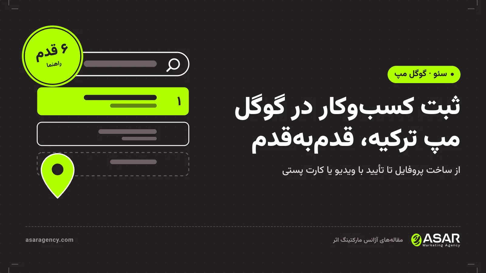 جلد مقاله ثبت کسب‌وکار در گوگل مپ ترکیه: پین نقشه و نتیجه جست‌وجو، با مهر «۶ قدم»