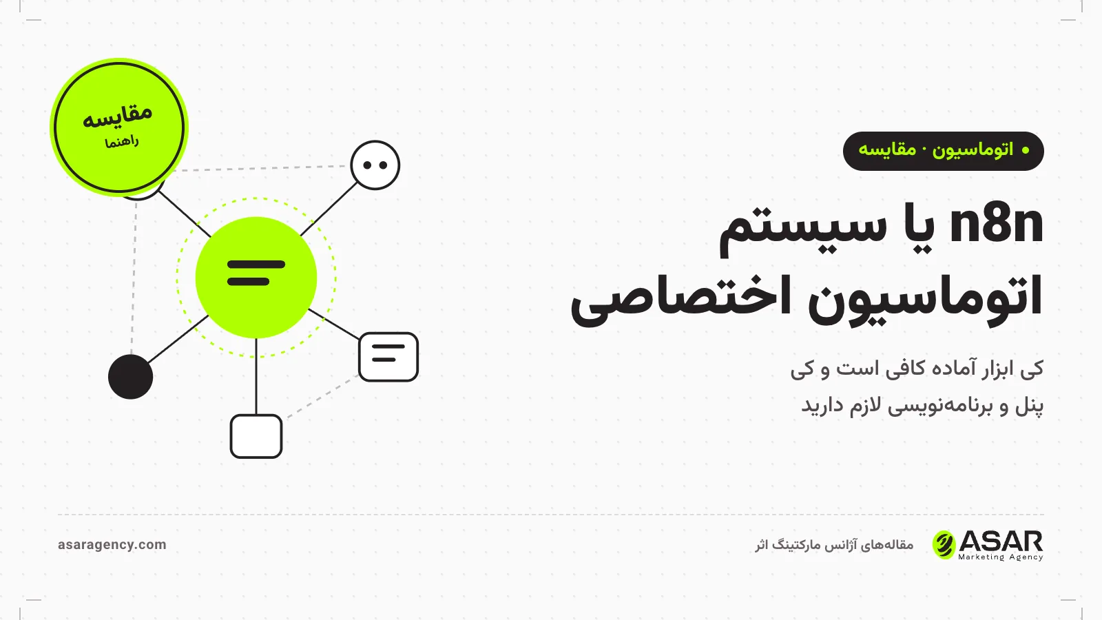 جلد مقاله n8n یا سیستم اتوماسیون اختصاصی: عنوان مقاله روی زمینه روشن با طرح گرافیکی اتوماسیون و مهر «مقایسه»