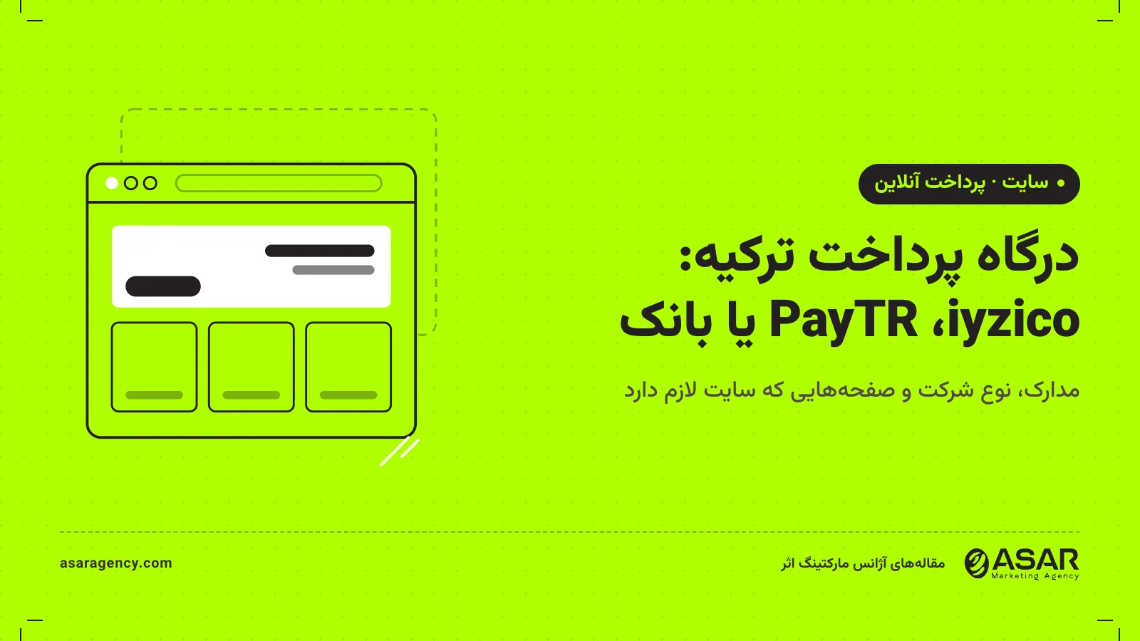 جلد مقاله درگاه پرداخت ترکیه: پنجره سایت با دکمه پرداخت و نام‌های iyzico، PayTR و Sanal POS بانک