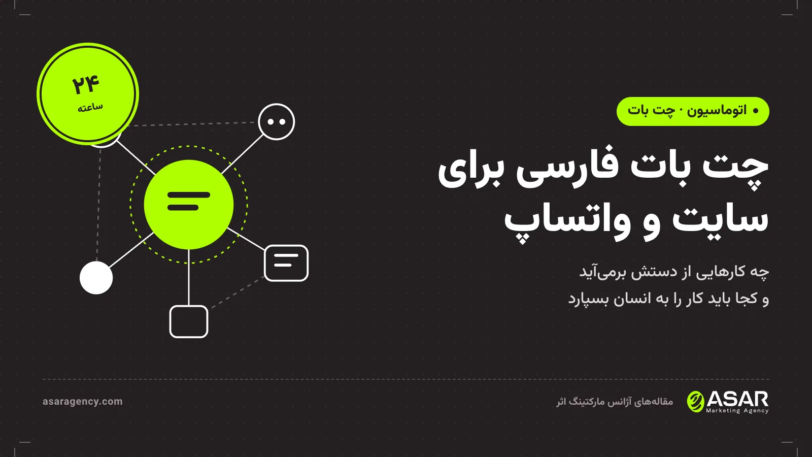 جلد مقاله چت بات فارسی: عنوان «چت بات فارسی برای سایت و واتساپ» روی زمینه تیره با طرح گرافیکی اتوماسیون با هوش مصنوعی