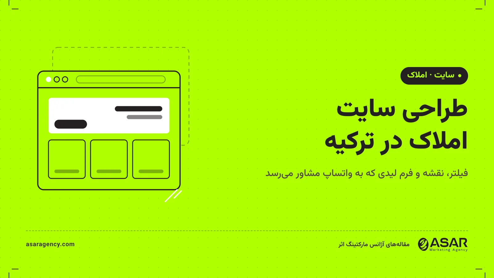 جلد مقاله طراحی سایت املاک در ترکیه: پنجره مرورگر با بلوک‌های صفحه و عنوان فیلتر، نقشه و فرم لید