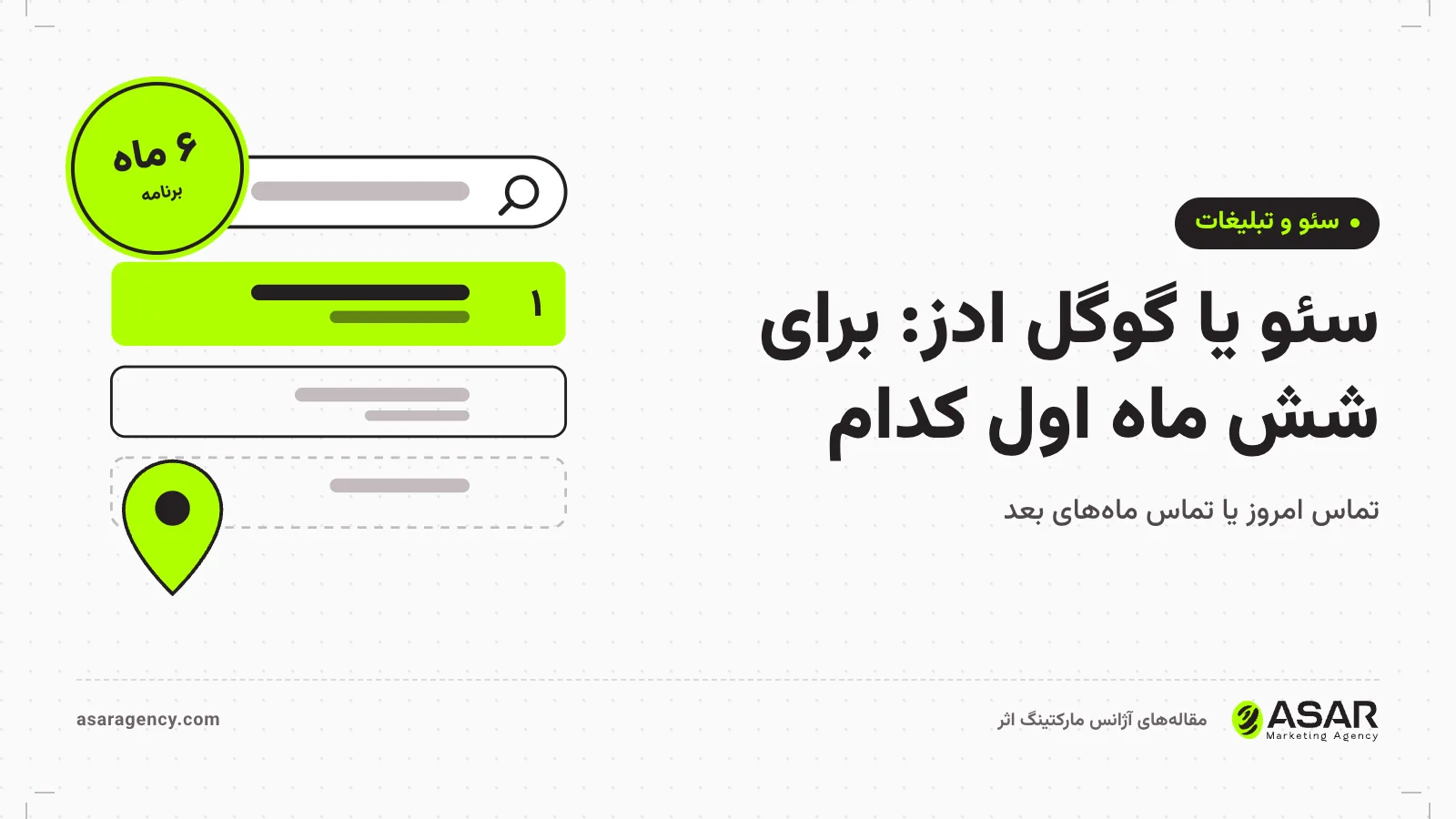 جلد مقاله سئو یا گوگل ادز: برای شش ماه اول کدام، با تصویر نتیجه جست‌وجوی گوگل و مهر «۶ ماه»