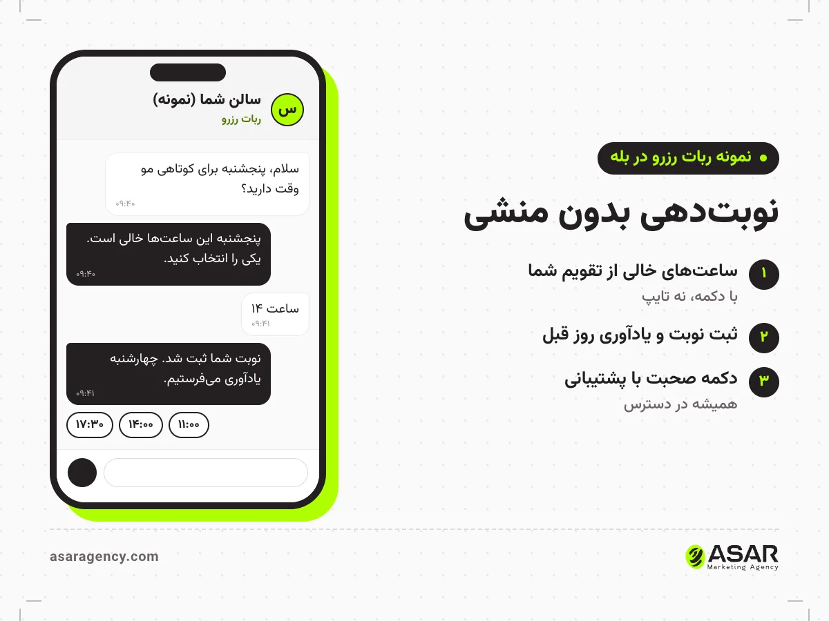 نمونه گفت‌وگوی ربات رزرو در بله برای یک سالن زیبایی: مشتری وقت خالی می‌پرسد، ربات ساعت‌های خالی را با دکمه نشان می‌دهد، نوبت را ثبت می‌کند و یادآوری روز قبل را اعلام می‌کند