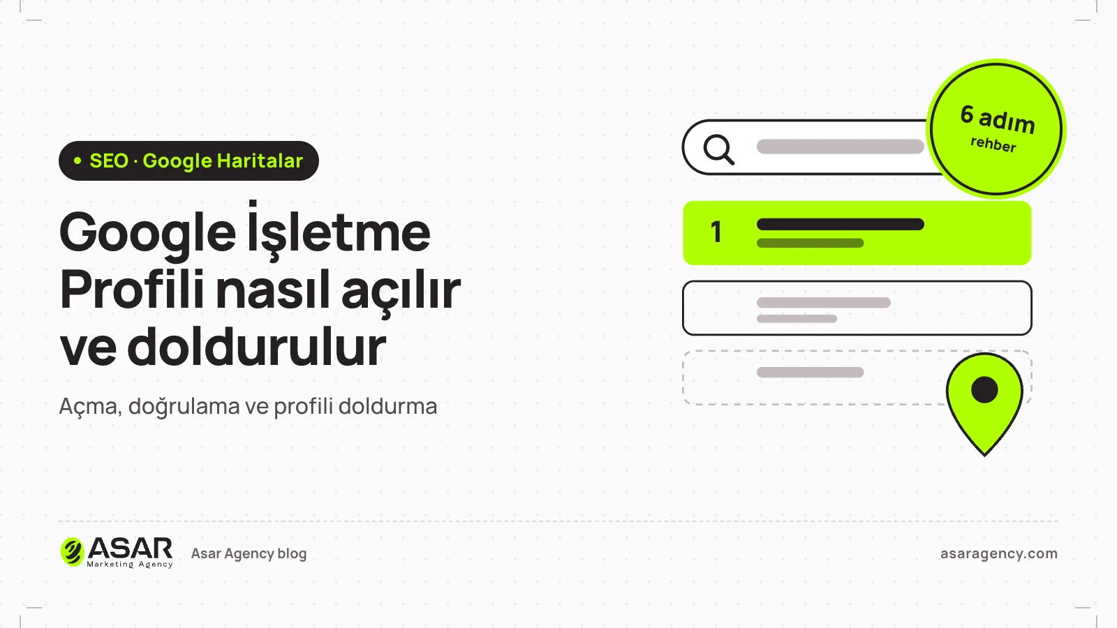 Google İşletme Profili nasıl açılır yazısının kapağı: arama sonuçları ve harita işareti, açma, doğrulama ve doldurma adımları alt başlığı