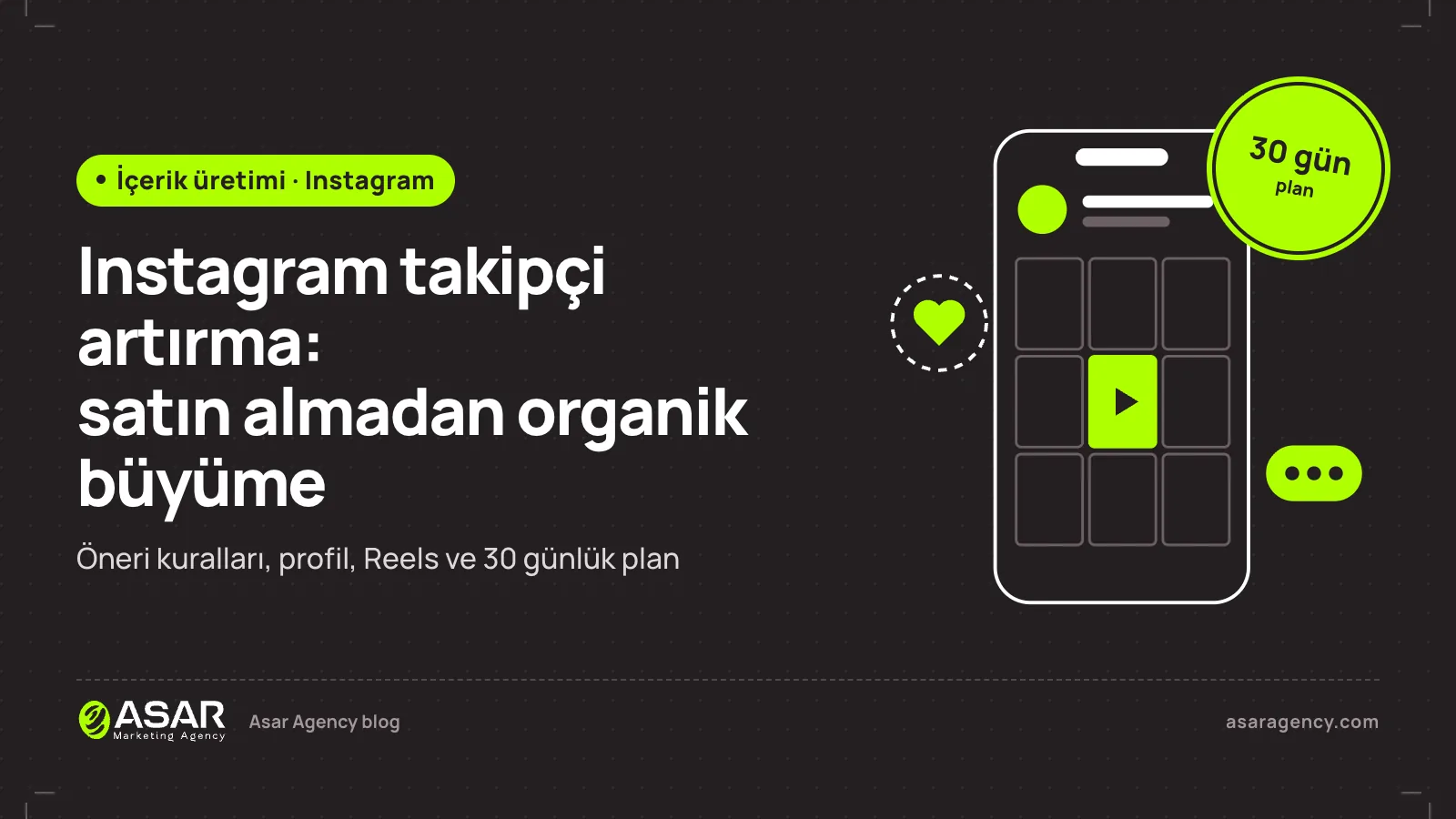 Instagram takipçi artırma yazısının kapağı: “satın almadan organik büyüme” başlığı, telefon çerçevesi ve “30 gün plan” damgası