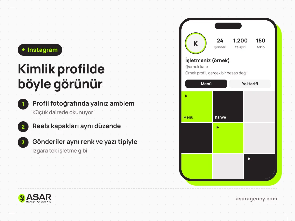 Örnek bir kafenin Instagram profili: profil fotoğrafında yalnız amblem, aynı düzende Reels kapakları ve aynı renk ve yazı tipiyle hazırlanmış gönderilerden oluşan bir ızgara