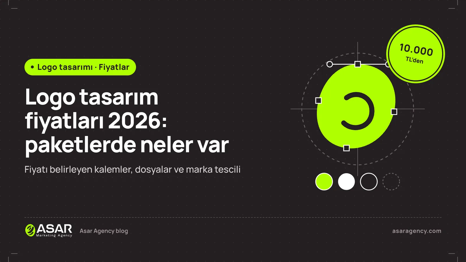 Logo tasarım fiyatları 2026 yazısının kapağı: logo eskizleri ve renk örnekleri, “10.000 TL’den” damgası