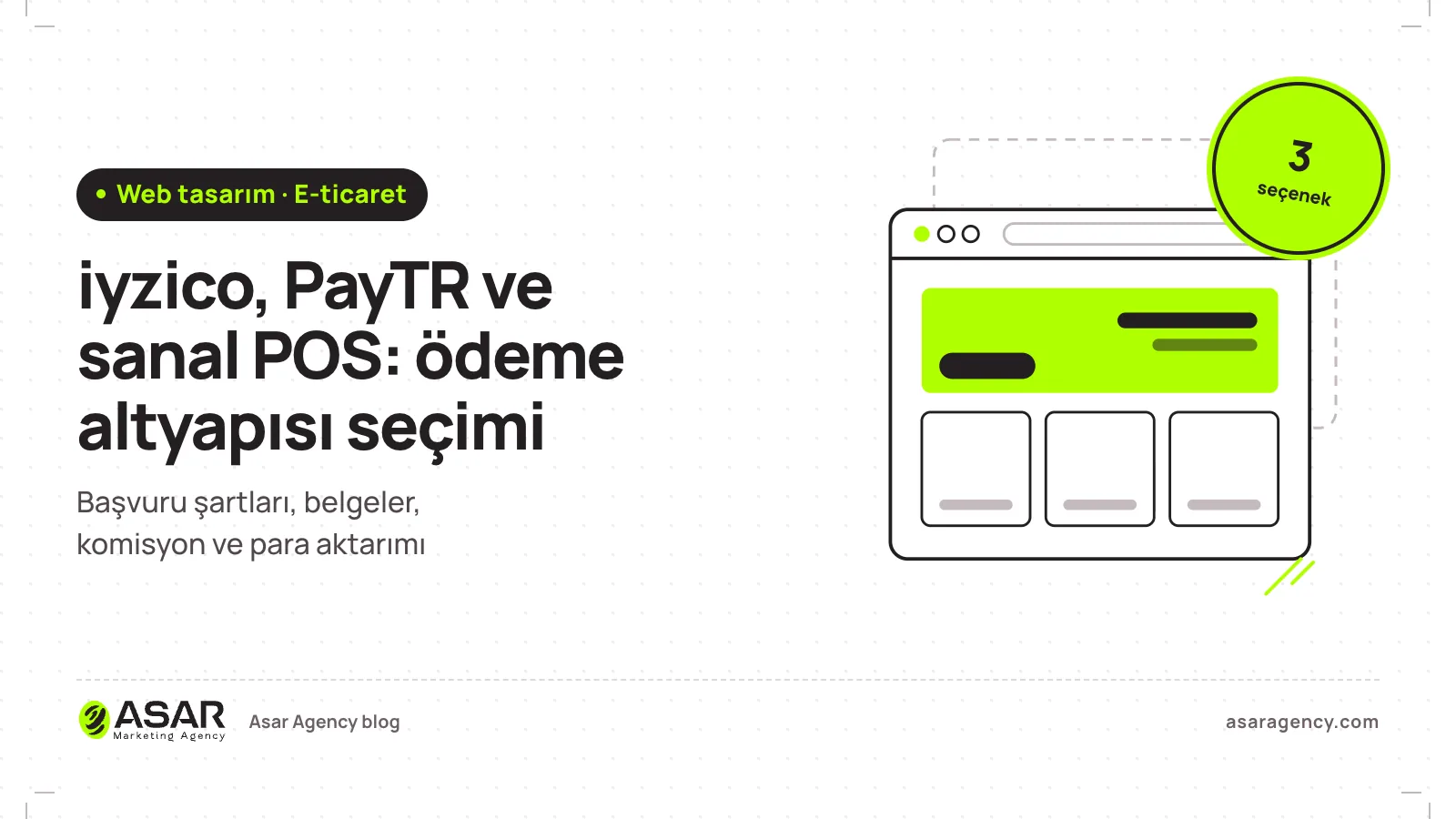 iyzico, PayTR ve sanal POS yazısının kapağı: ödeme sayfası taslağı olan tarayıcı penceresi ve 3 seçenek damgası