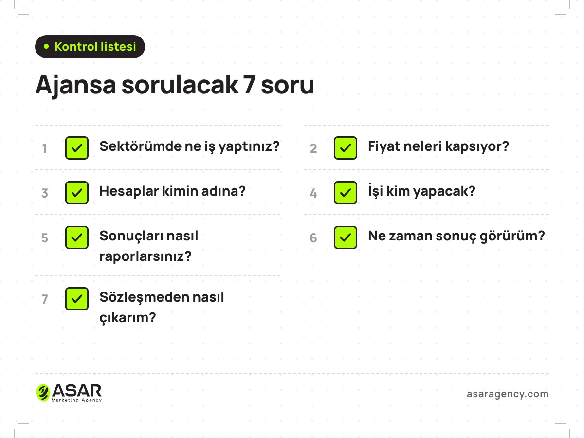 Reklam ajansı seçerken sorulacak 7 soru kontrol listesi: sektördeki işler, fiyatın kapsamı, hesapların kimin adına olduğu, işi kimin yapacağı, raporlama, sonuç süresi ve sözleşmeden çıkış