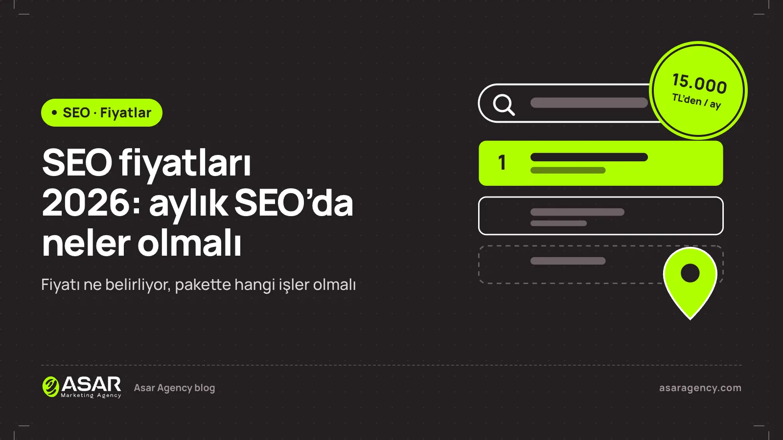 SEO fiyatları 2026 yazısının kapağı: arama sonuçları ve yükselen sıralama çizgisi, aylık SEO’da neler olmalı alt başlığı
