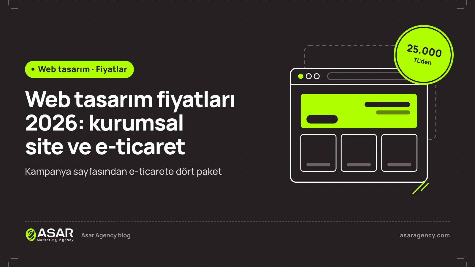 Web tasarım fiyatları 2026 yazısının kapağı: tarayıcı penceresinde site taslağı ve 25.000 TL’den damgası