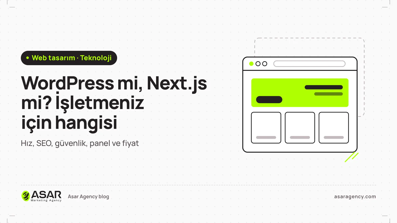 WordPress mi, Next.js mi yazısının kapağı: iki tarayıcı penceresi ve karşılaştırma işareti