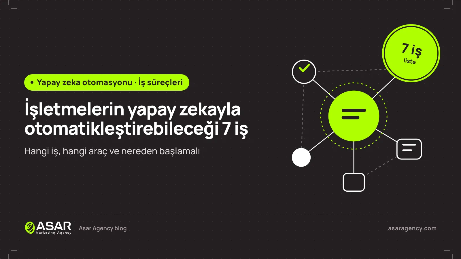 Yapay zeka iş süreçleri: işletmelerin otomatikleştirebileceği 7 iş yazısının kapağı: otomasyon düğümleri çizimi ve “7 iş” rozeti