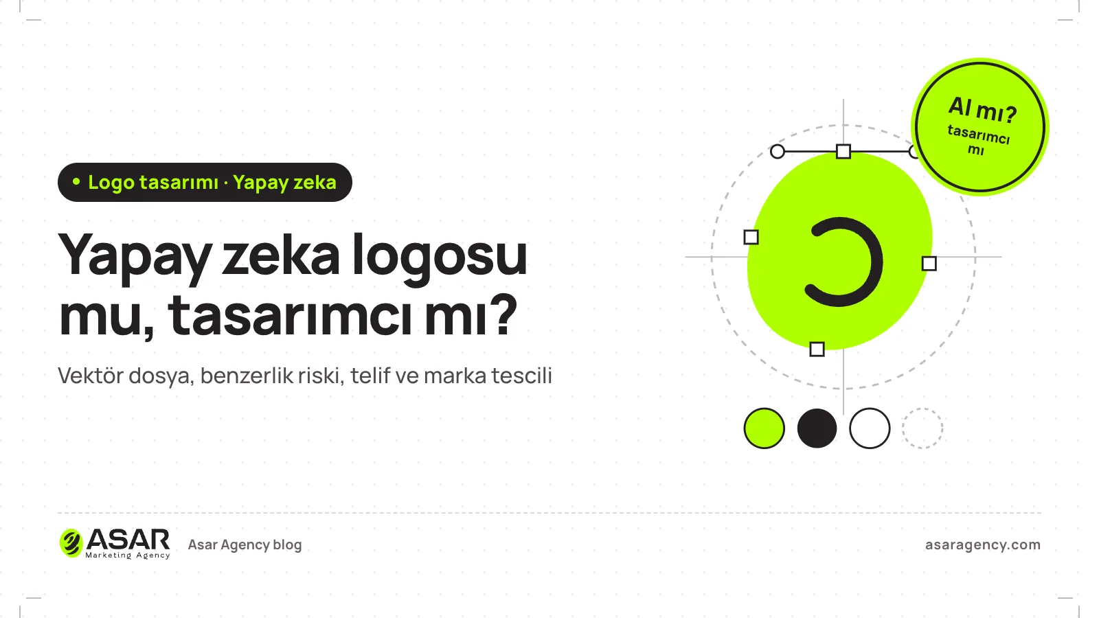 Yapay zeka logosu mu, tasarımcı mı yazısının kapağı: logo eskizi ve renk örnekleri, “AI mı?” damgası