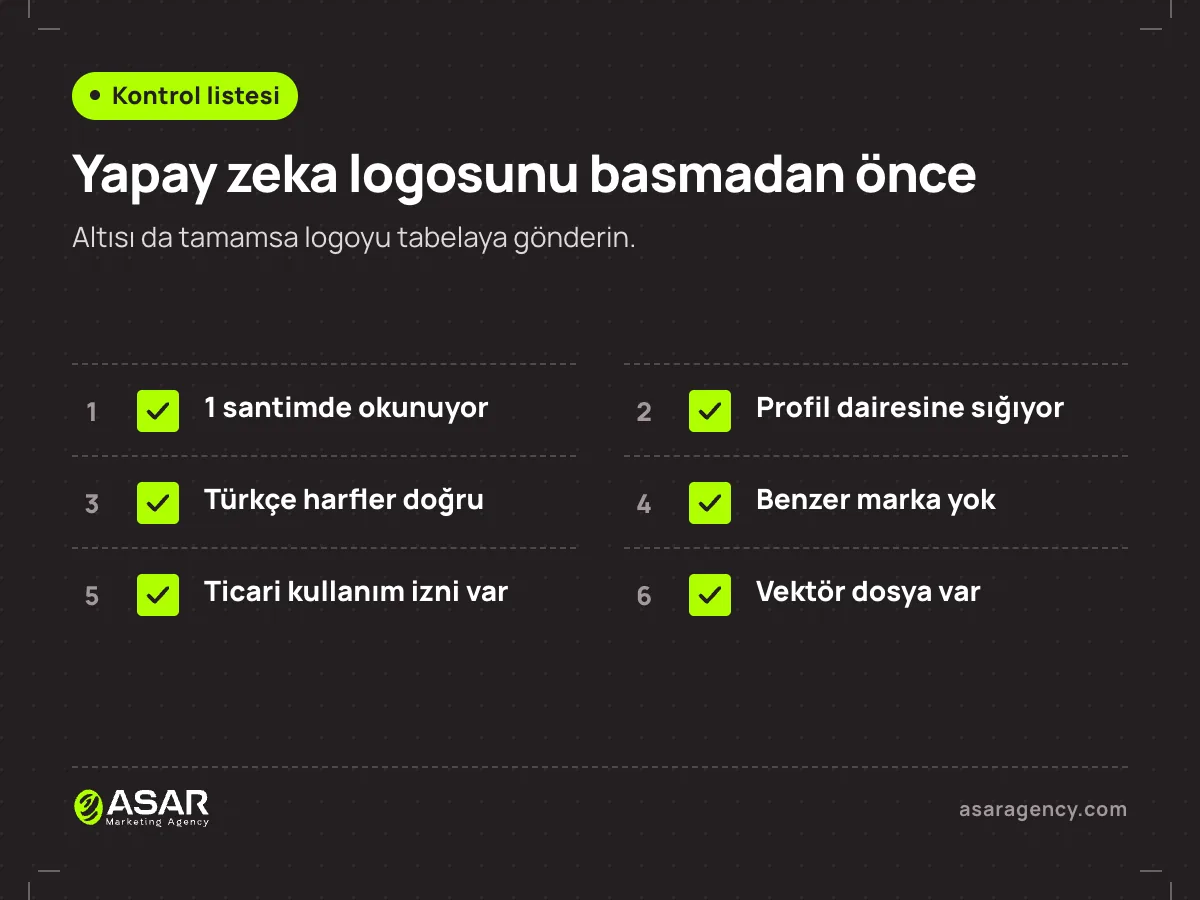 Yapay zeka logosunu basmadan önce altı maddelik kontrol listesi: 1 santimde okunuyor, profil dairesine sığıyor, Türkçe harfler doğru, benzer marka yok, ticari kullanım izni var, vektör dosya var