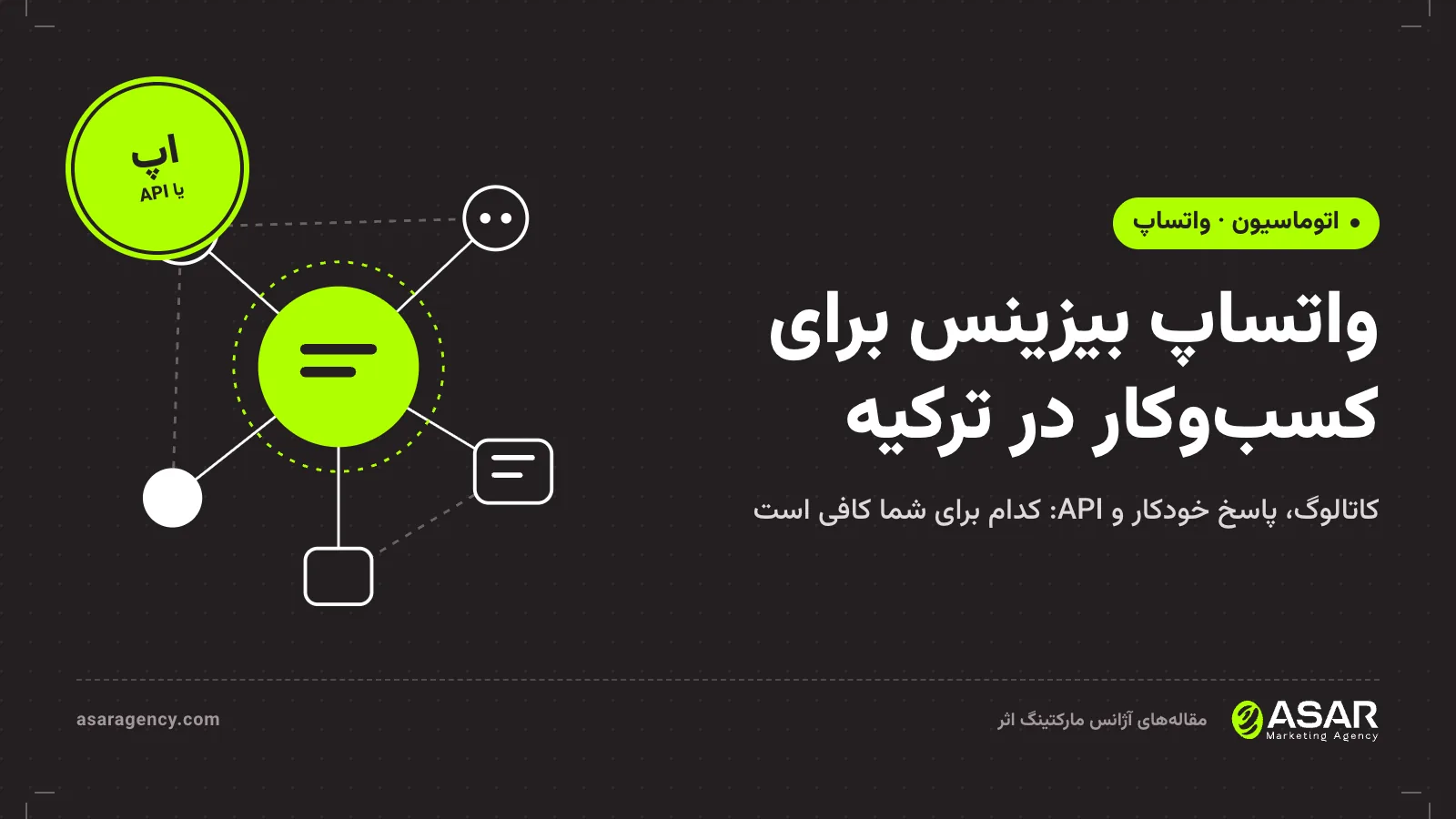 جلد مقاله واتساپ بیزینس برای کسبوکار در ترکیه: کاتالوگ، پاسخ خودکار و API، با طرح گرههای اتوماسیون و مهر «اپ یا API»