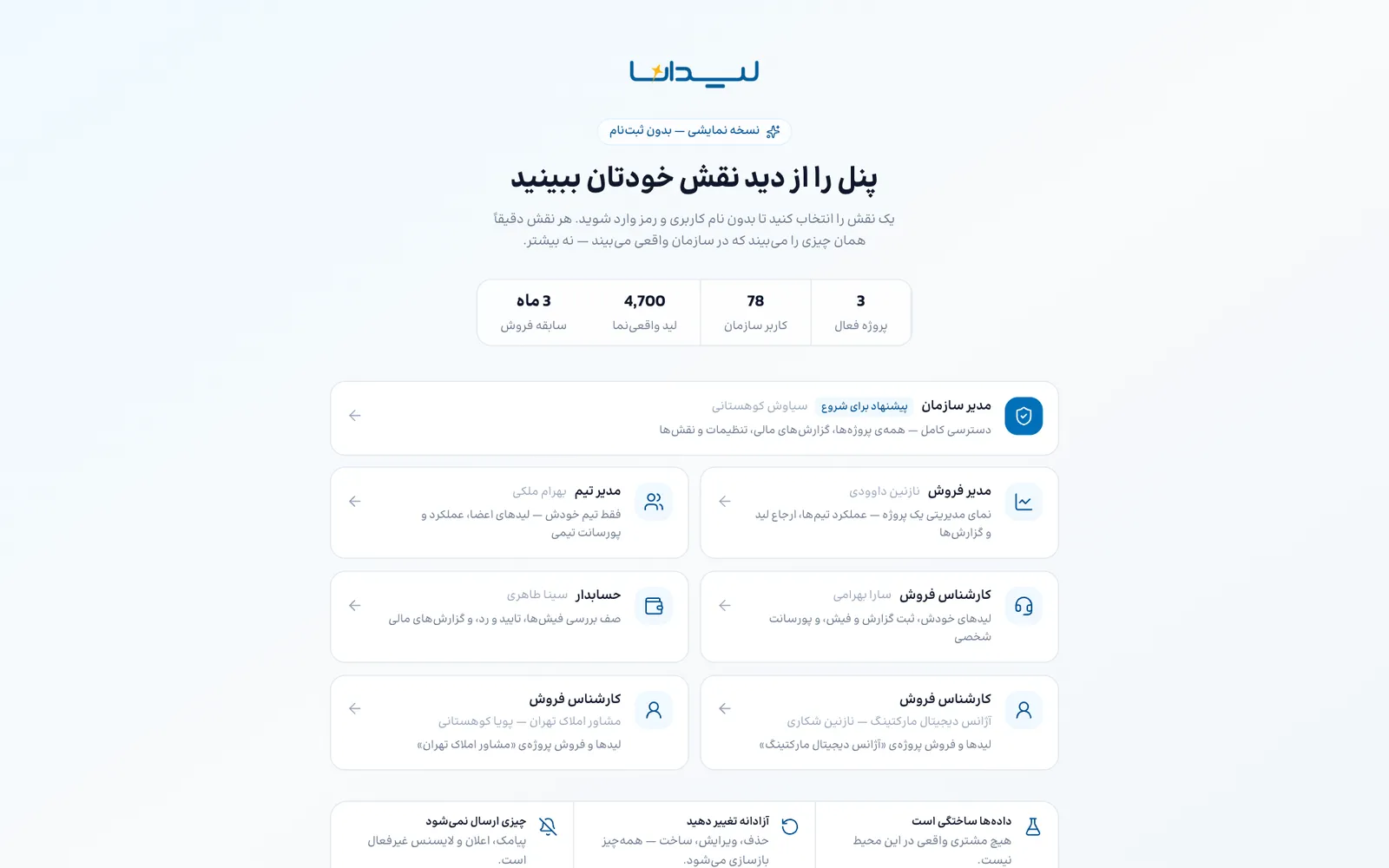 دموی پنل لیدانا: انتخاب نقش، از مدیر سازمان تا کارشناس فروش و حسابدار